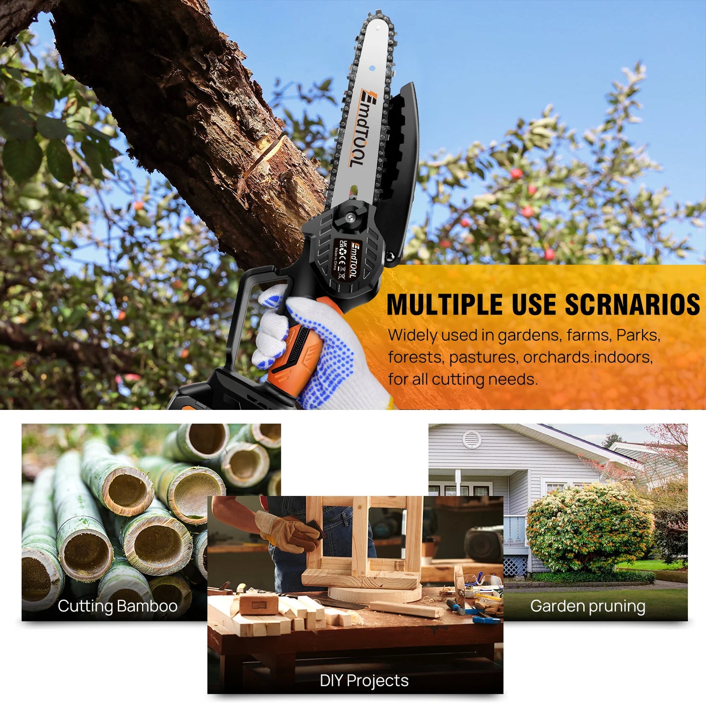 Handheld Mini Chainsaw Cordless 6 Inch Powerful Electric Chain saw with 2 Chains, Security Lock for Wood Cutting Tree Trimming