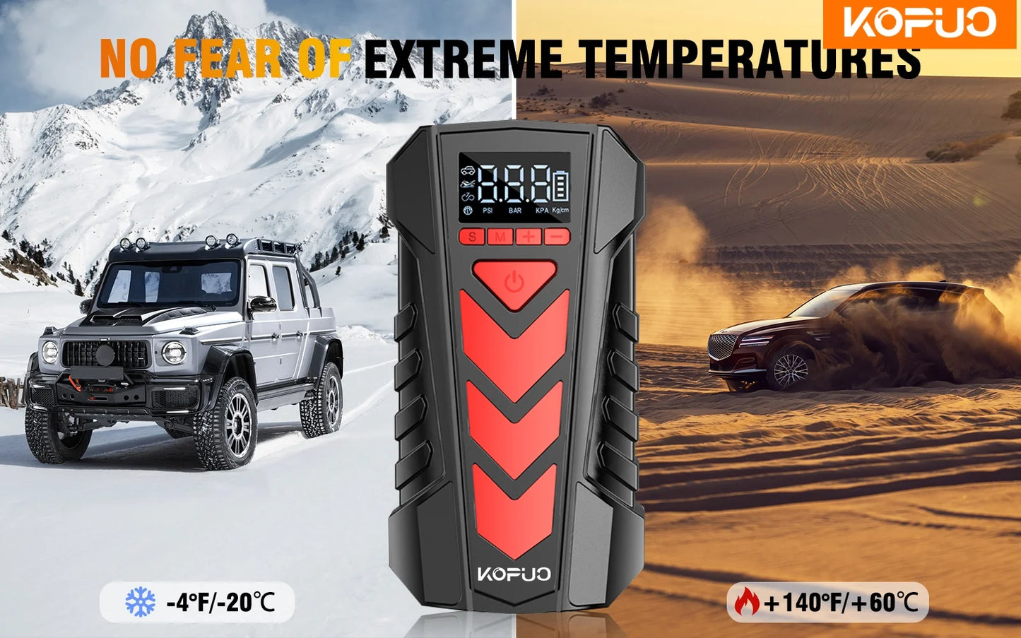 KOPUO 4000A 9-in-1 Jump Starter with Air Pump, for 9.0L Gas/8.0L Diesel, -40°C Cold Start, 150PSI Cordless Inflator, 3-Mode LED