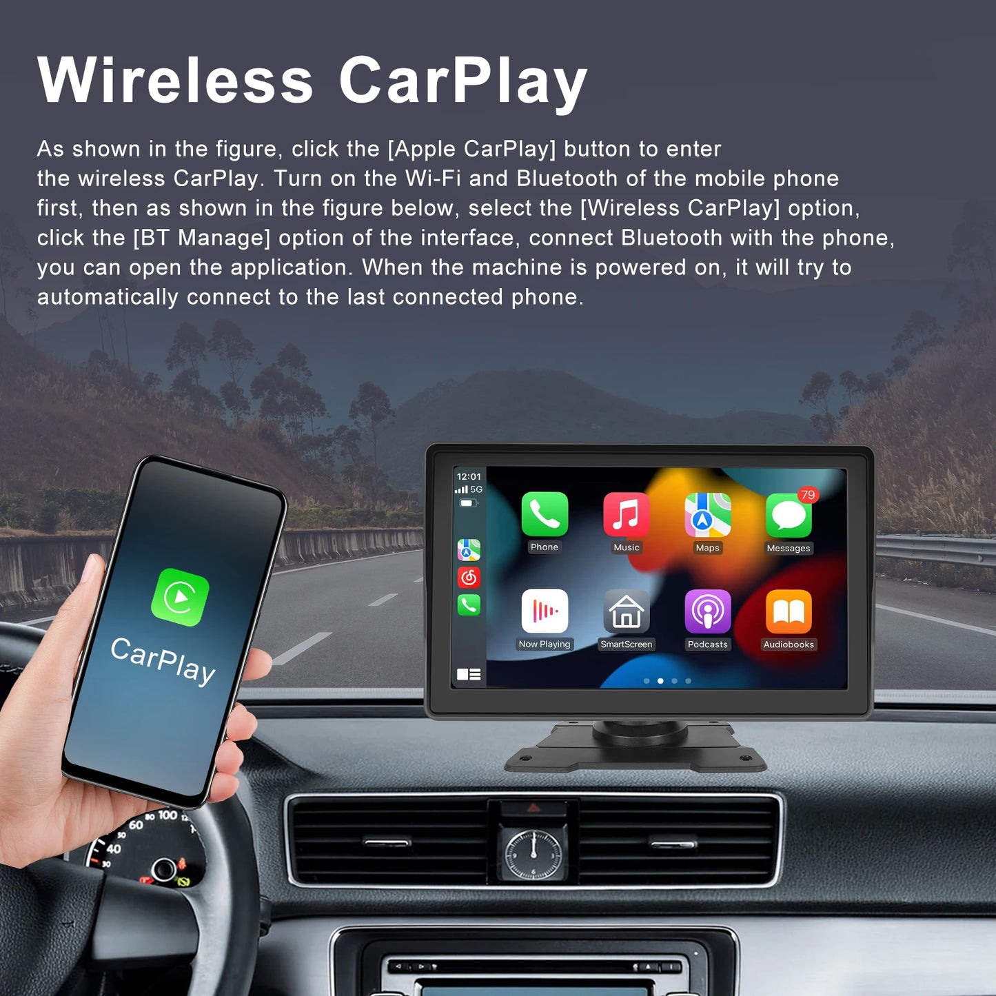 Podofo 7'' Wireless Carplay Android auto Monitor Car MP5 Player For Universal Bluetooth FM Radio Receiver TF/USB Rear View