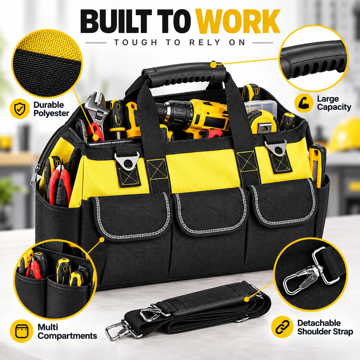 Heavy Duty Electrician Tool Bag, Large Capacity Tool Storage Bag with Multiple Compartments, Durable Polyester Work Bag with Sturdy Handles, Black Yellow Tool Bag for Job Sites