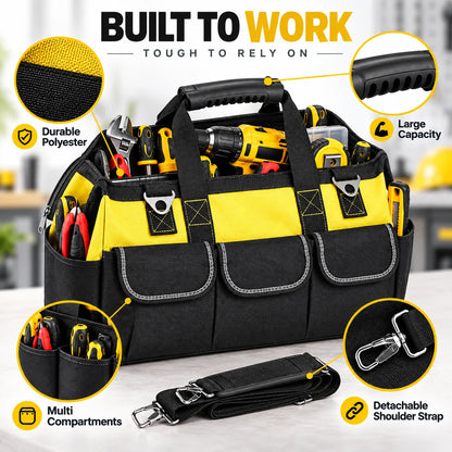 Heavy Duty Electrician Tool Bag, Large Capacity Tool Storage Bag with Multiple Compartments, Durable Polyester Work Bag with Sturdy Handles, Black Yellow Tool Bag for Job Sites