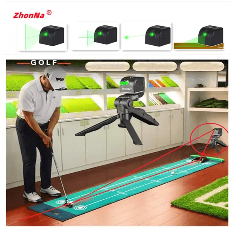Mini laser horizontal indoor golf assistive device with ultra strong green/red laser beam, portable with battery