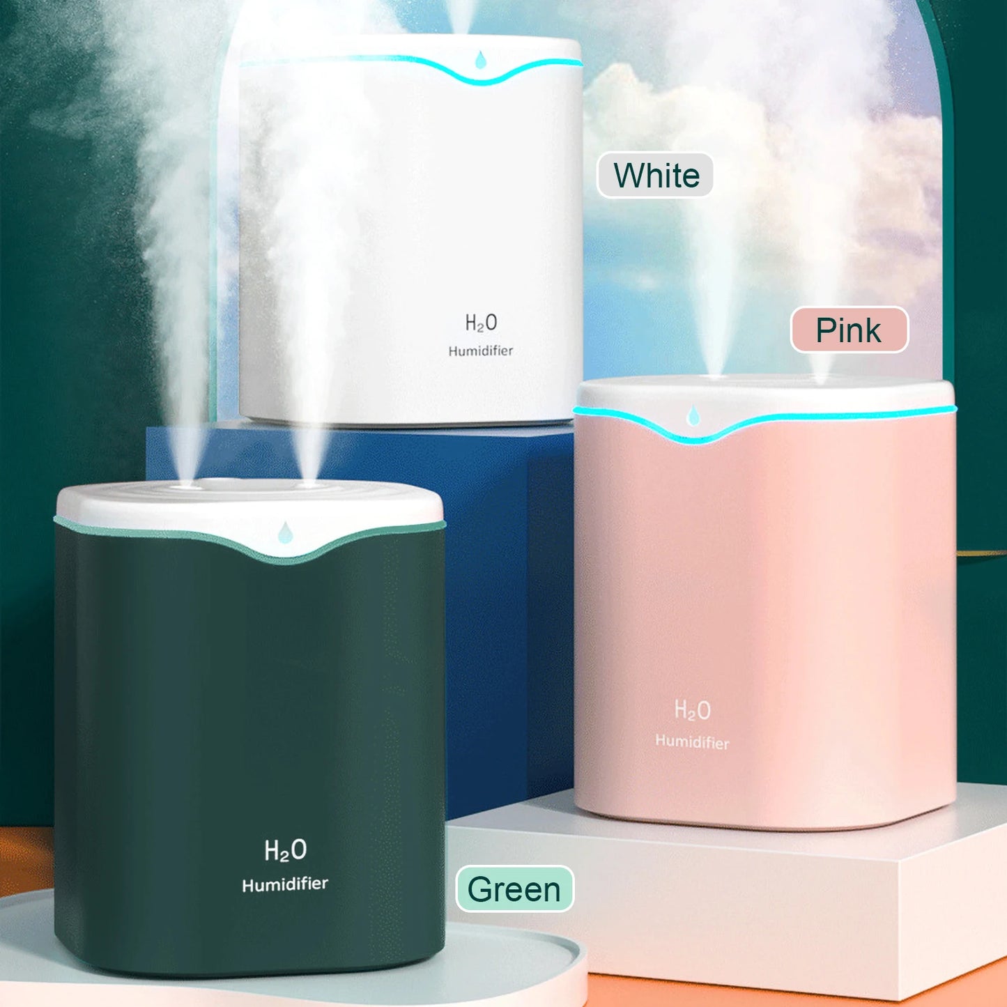 2L Double Spray Humidifiers with LED light Cool Mist Auto Shut-Off Humidifier Portable Desk Humidifiers for Bedroom Home  Room