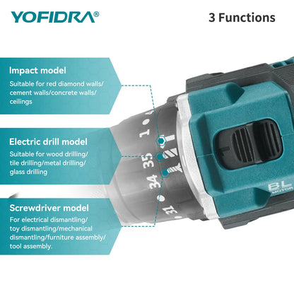YOFIDRA 13MM Brushless Electric Impact Drill  35+3 Torque Cordless Woodworking Screwdriver Power Tool For Makita Battery Pin