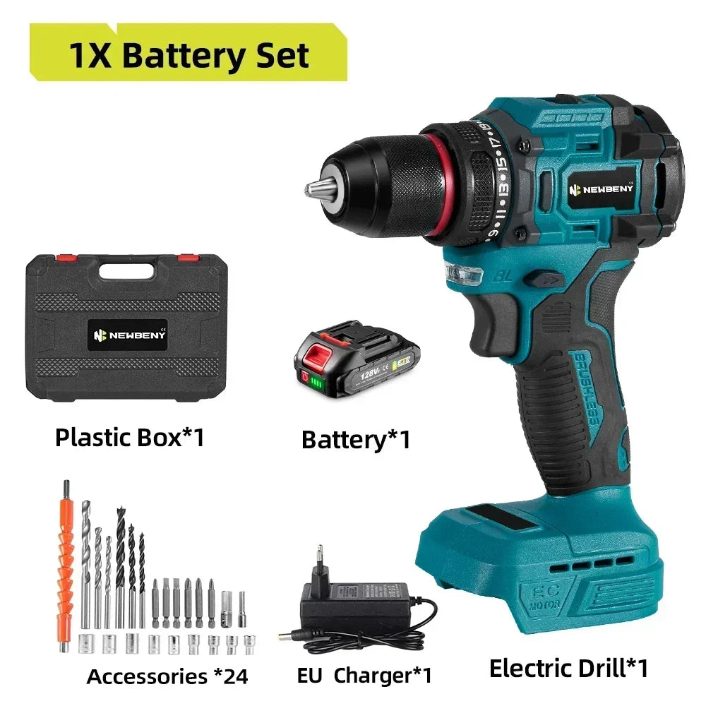 NEWBENY 10mm 21+2 Torque Brushless Electric Drill Cordless Electric Screwdriver DIY Household Tool For Makita 18V Battery Pin