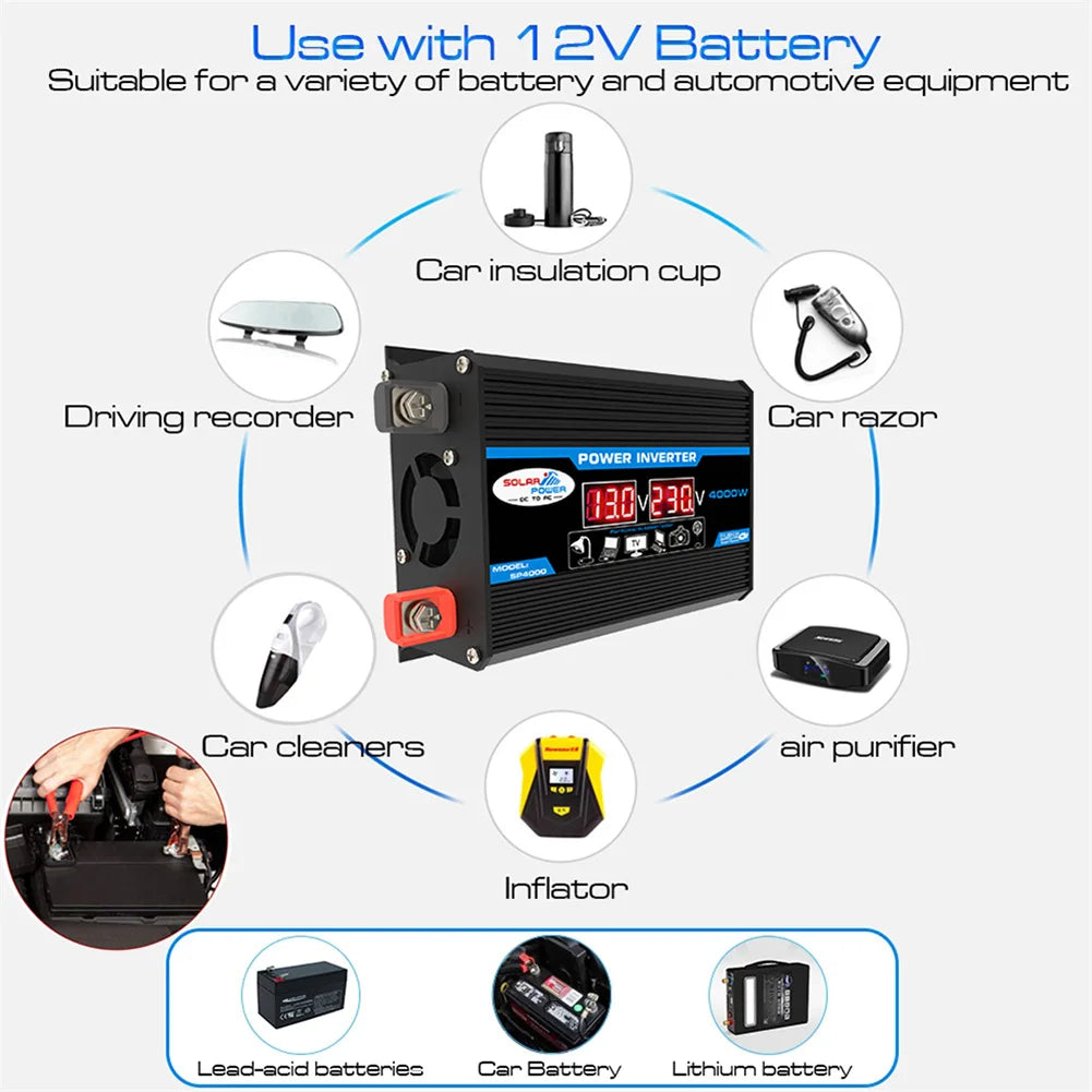 4000W Car Power Inverter DC 12V to AC 220V/110V Dual LCD Digital Display Voltage Transformer Car Charger Converter Adapter