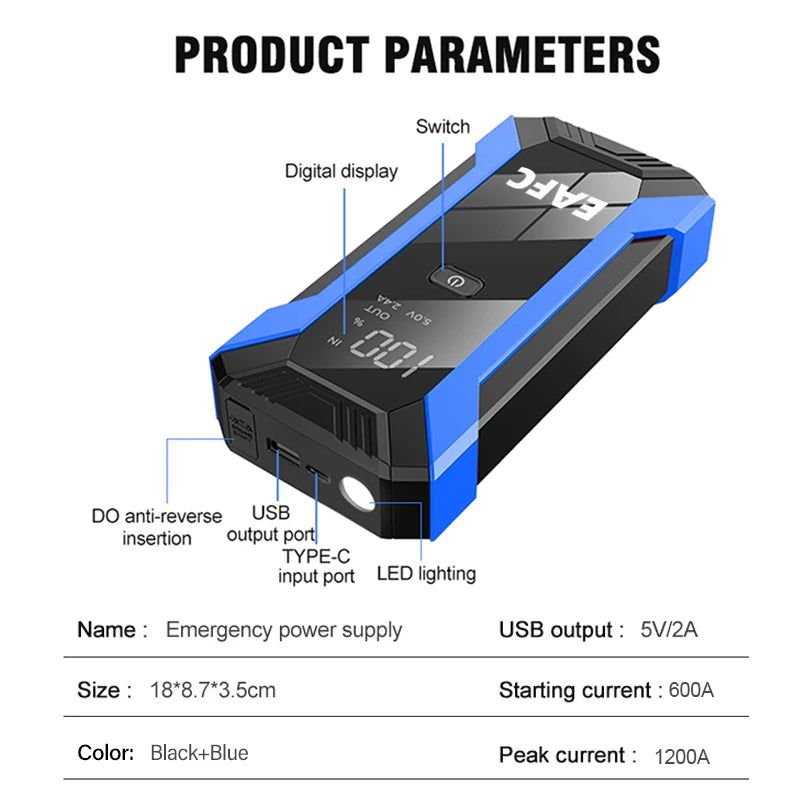2000A/1200A High Power Car Battery Jump Starter Portable Car Battery Booster Charger Booster Power Bank Starting Device USB Port
