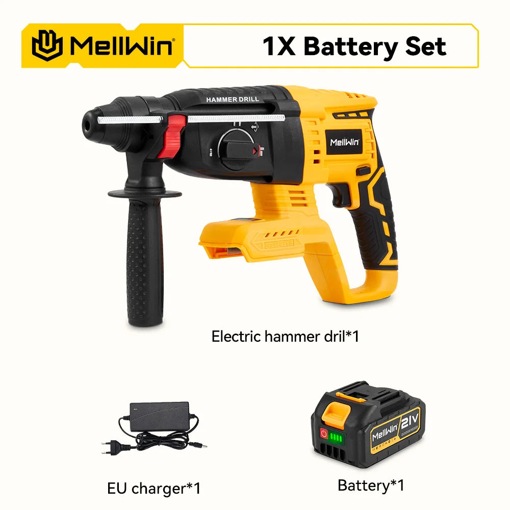 MELLWIN 26MM Brushless Electric Hammer Drill Cordless Household Rotary Impact Hammer Power Tool For Makita 18V Battery Pin