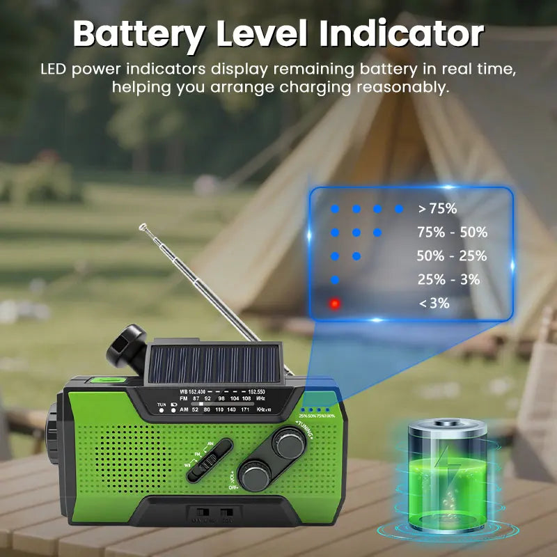 2000mAh Emergency Radio RechargeablePower Bank with  Portable FM Radio USB/Solar/Hand Crank Charging SOS Alarm & Flashlight