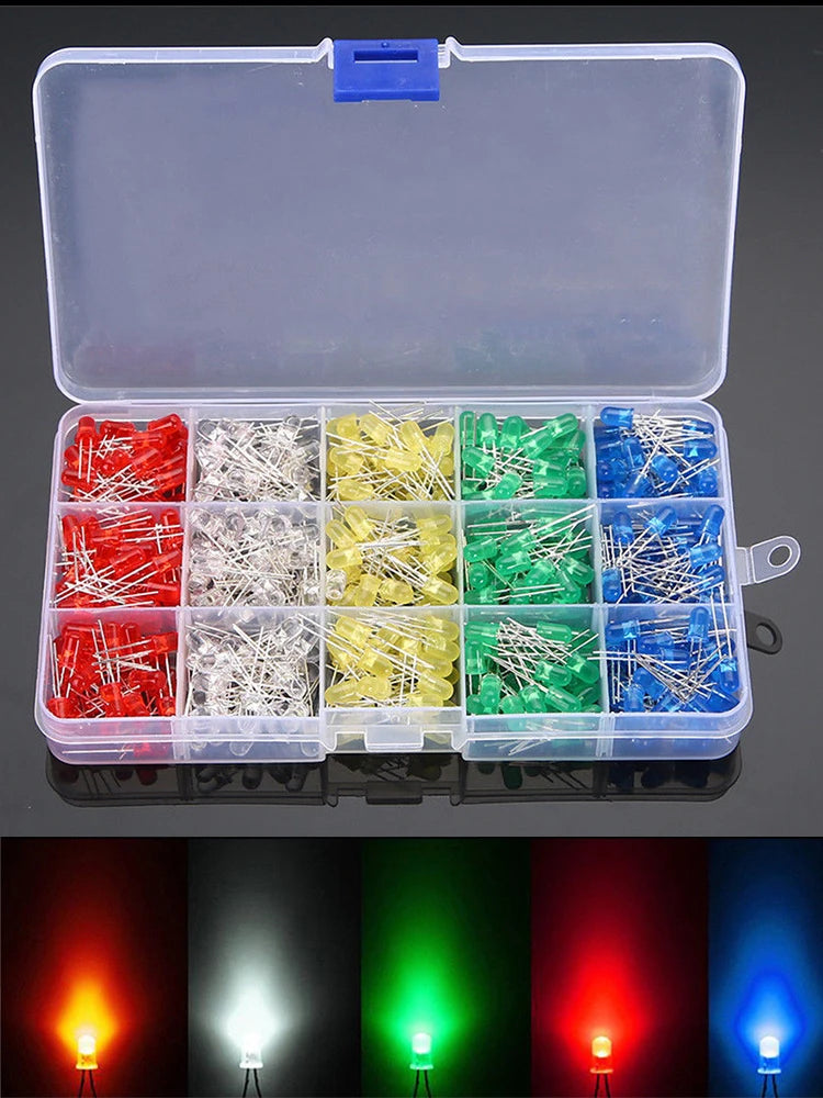 500Pcs LED Light-Emitting Diode Red Yellow Blue Green White 5MM Luminous Diode Kit 100Pcs/Color Luminous Diode Assorted Kit LED