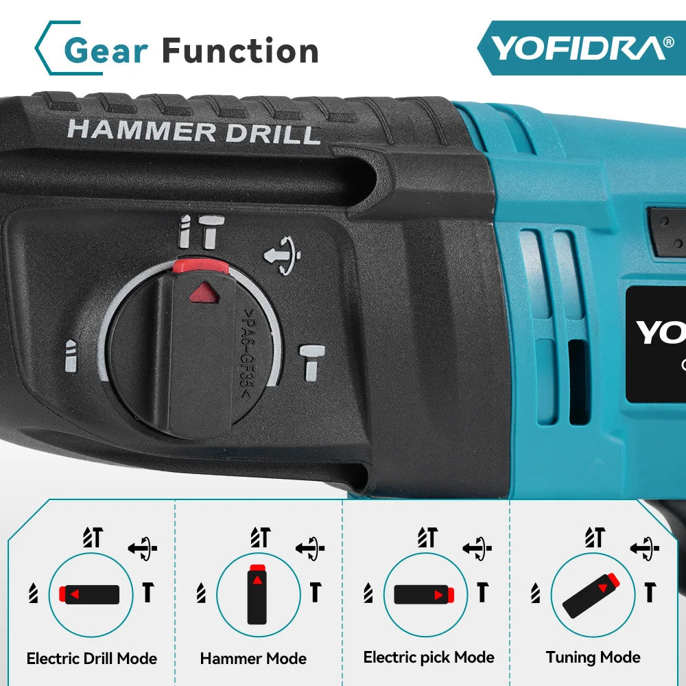 YOFIDRA 26mm Brushless Electric Rotary Hammer Cordless Multifunctional Impact Hammer Drill Power Tools For Makita Battery Pin