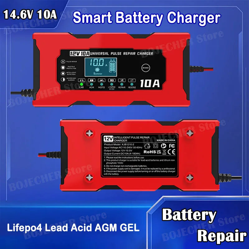 12V 10A Car Battery Charger For Lifepo4 Lead Acid AGM GEL PB Lithium Battery Car Charger Pulse Repair Smart Charger LCD Display