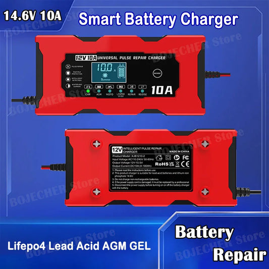 12V 10A Car Battery Charger For Lifepo4 Lead Acid AGM GEL PB Lithium Battery Car Charger Pulse Repair Smart Charger LCD Display