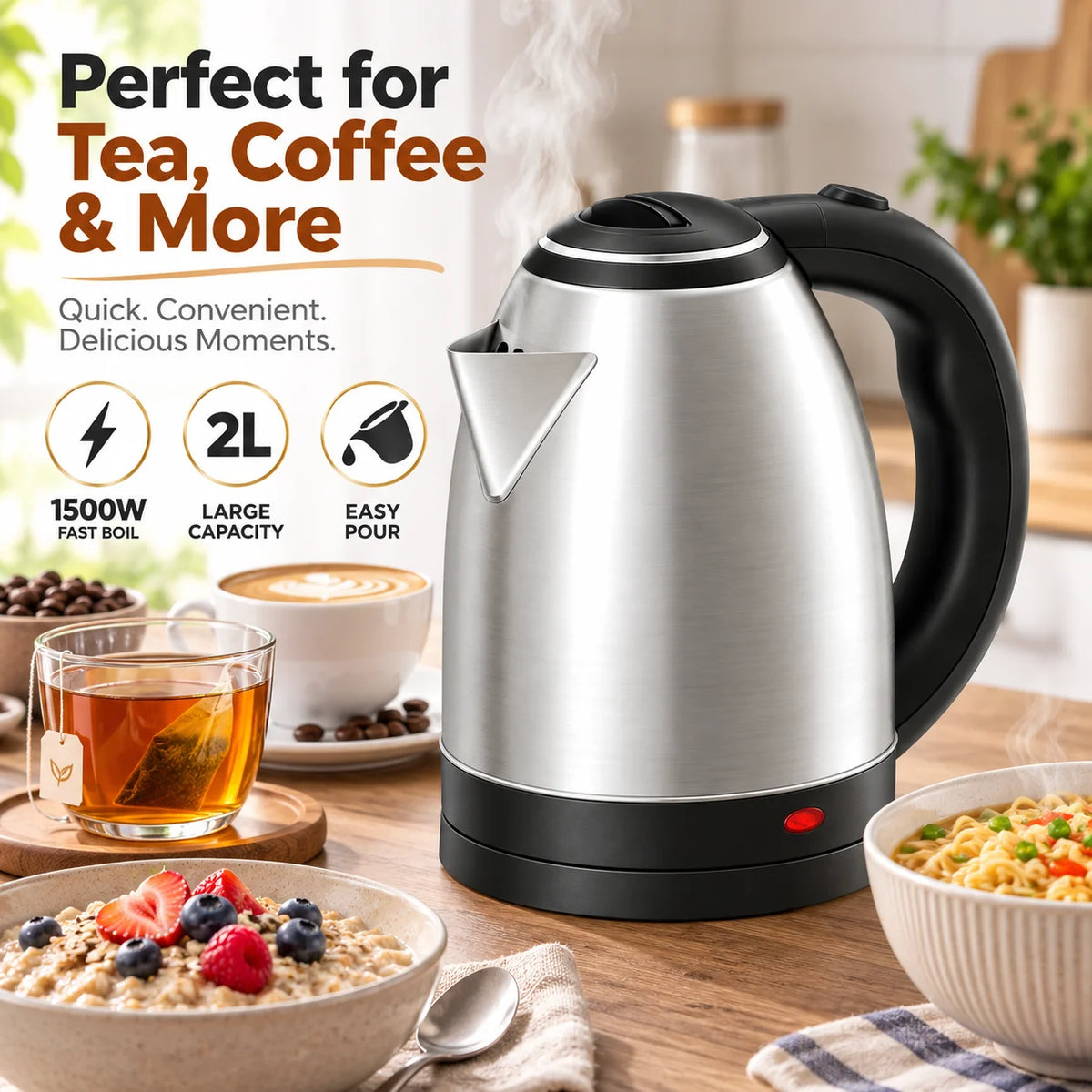2L 1500W Stainless Steel Cordless Electric Kettle Jug, 360‑Degree Rotational Base with Overheat Protection Fast Boiling Water Heater for Household Kitchen Use