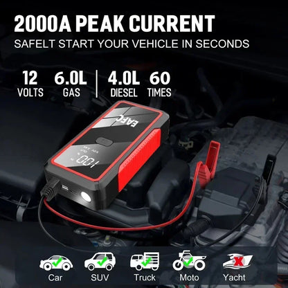 2000A Portable MultiFunction Emergency Booster Car Emergency Mobile Power Battery Charger 12V Car Jump Starter with LED Light