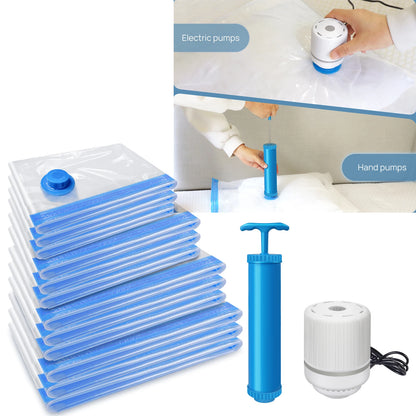 12-Pack Vacuum Compression Storage Bags for Clothes, with Electric Pump - Reusable Space Saver Bags for Travel, Duvets Storage