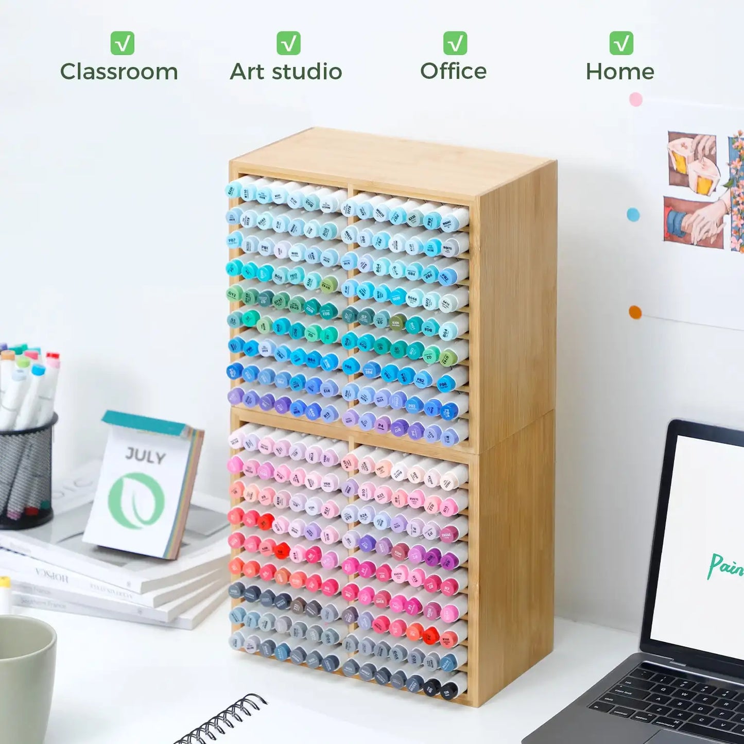 Ohuhu Bamboo Marker Organizer Wooden Desktop Storage Hold 126 Markers Pens Pencils Art Brushes Stationary Organizer Pen Holder