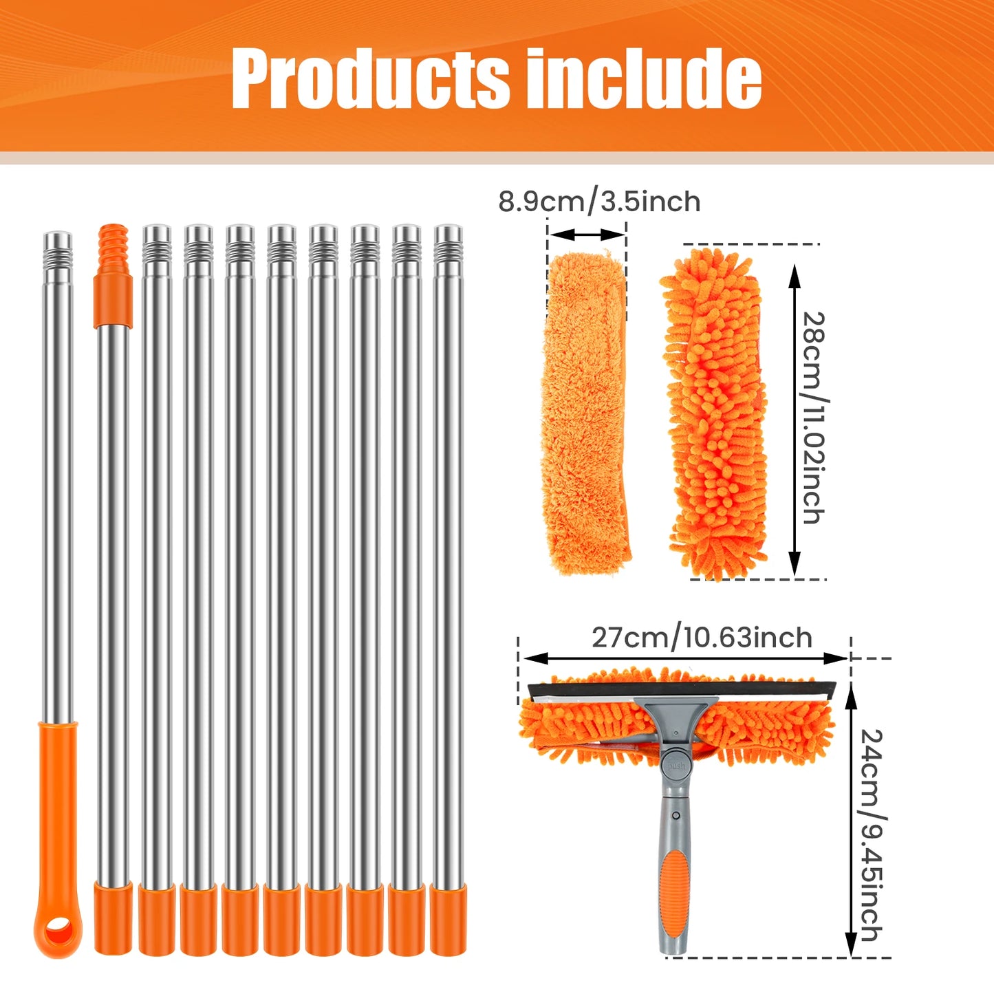 Extended Window Cleaning Kit 2 in 1 Double Sided Glass Squeegee Cleaner Duster Mop 180° Swivel Window Cleaning Tools