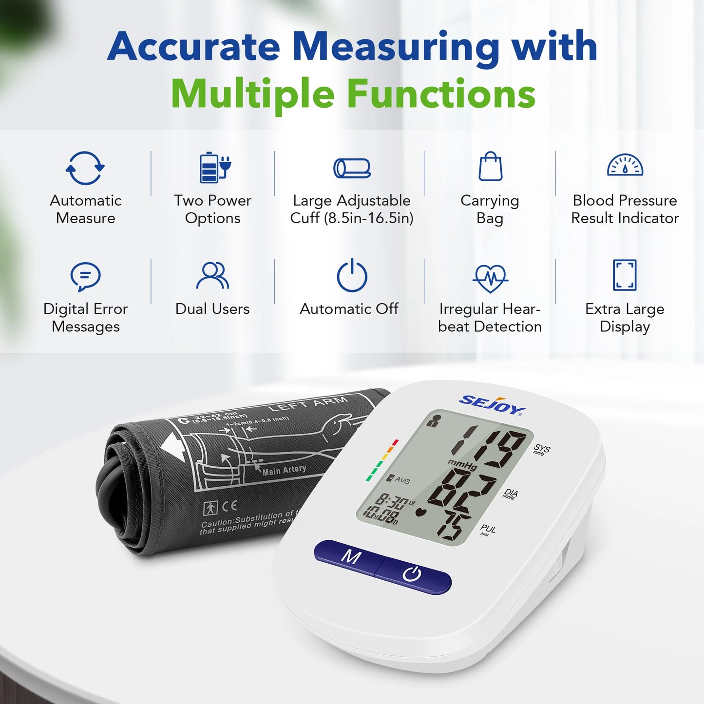 Sejoy DBP Blood Pressure Monitor Upper Arm Automatic BP Cuff Machine with LED Display for Home Use Health Care