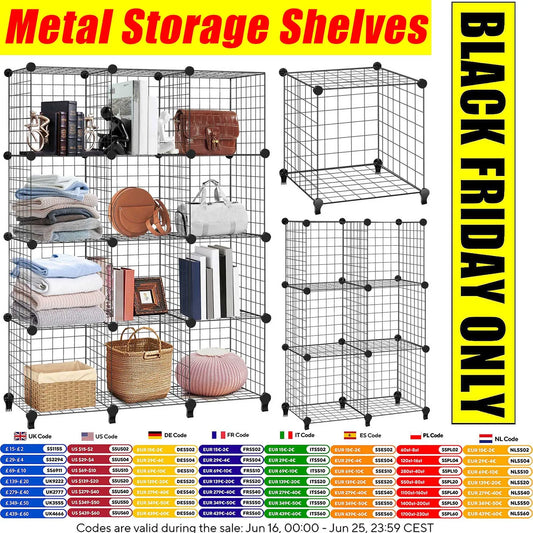 VickyHome 6/12 Cubes Wire Metal Grid Stackable Storage Shelves Multifunctional DIY Bookshelf and Shelving Unit for Home Office
