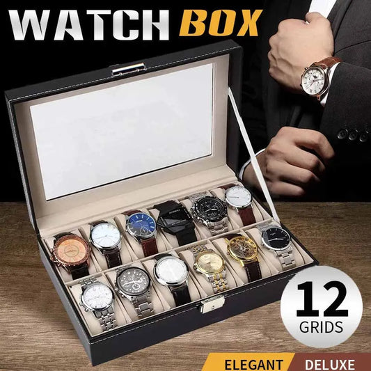 12 Grids PU Leather Watch Display Case Organizer Top Glass Bracelet Jewelry  Collection Storage Holder Exquisite Box