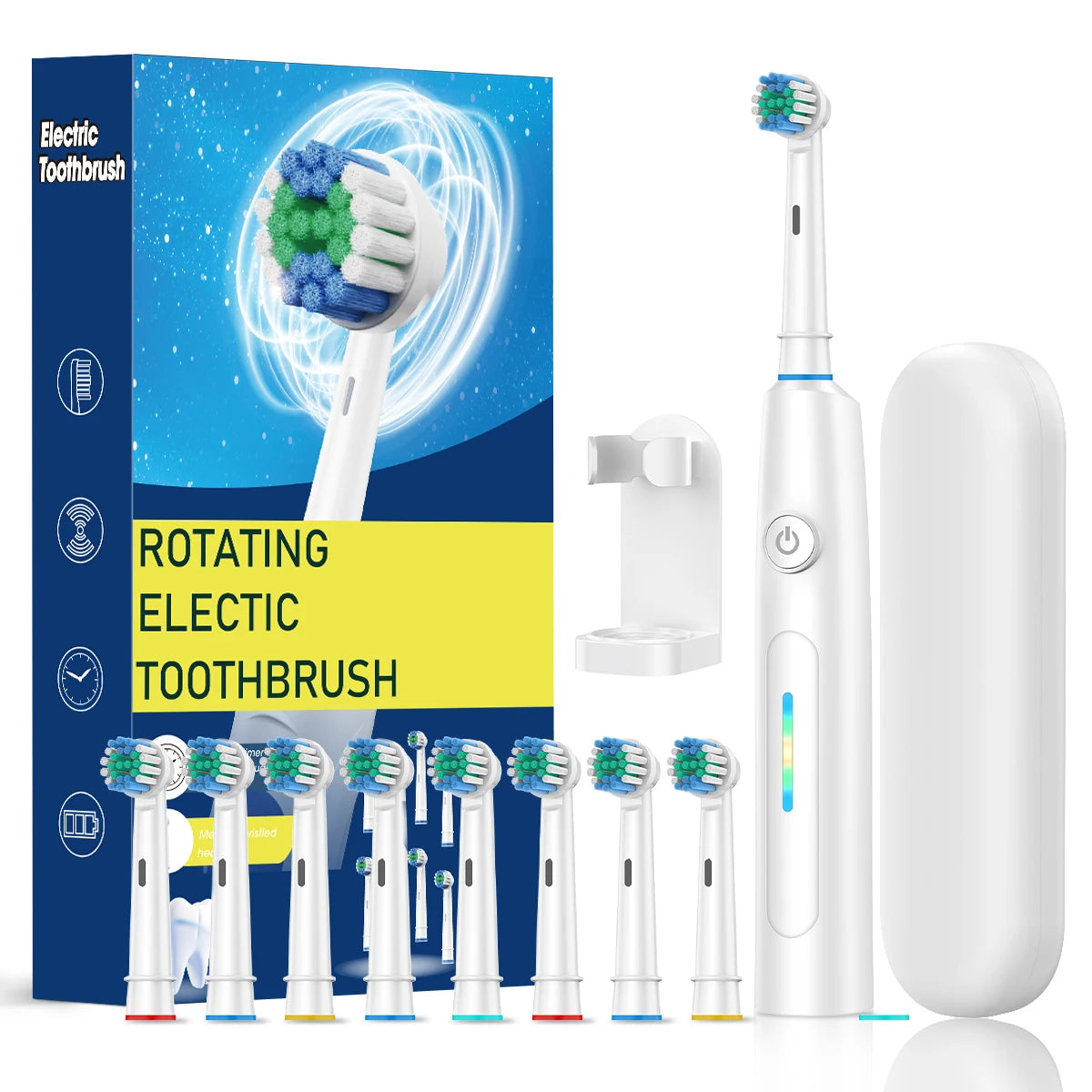 Rotating Electric Toothbrush with 8 Brush Heads with 5 Cleaning Modes Clean Teeth Battery Powered Rechargeable Toothbrush