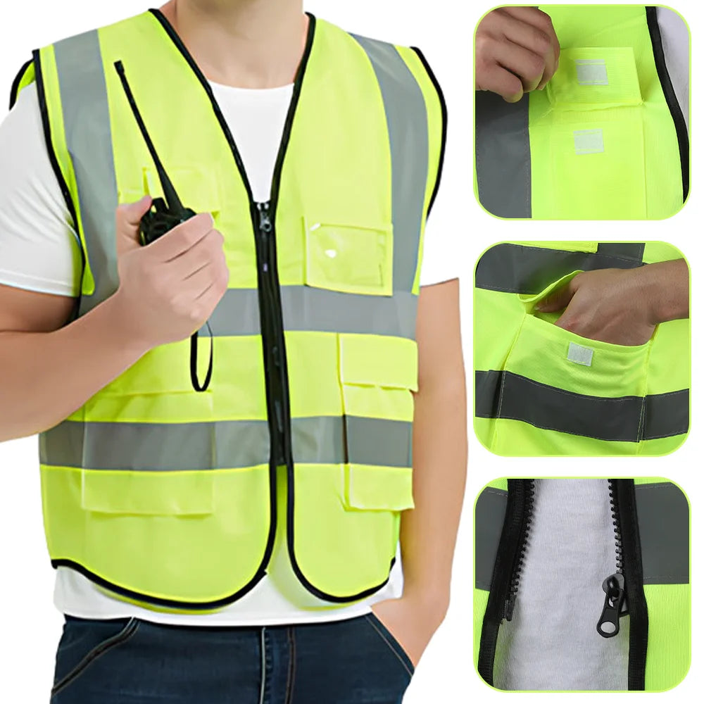 Reflective Safety Vest With 4 Pockets, Durable Protective Vest With Black Resin Zipper, High Visibility Reflective Clothing