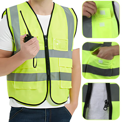 Reflective Safety Vest With 4 Pockets, Durable Protective Vest With Black Resin Zipper, High Visibility Reflective Clothing