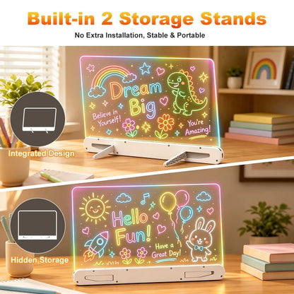 LED Drawing Board for Kids Rechargeable Light-Up Acrylic Neon Board with Timer and Built-in Stand Digital Battery