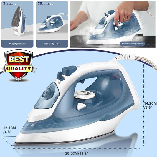 Electric Iron Portable Steam Iron, Non-Stick Stainless Soleplate, Temperature Regulation | Automatic Cleaning | Spray Functions