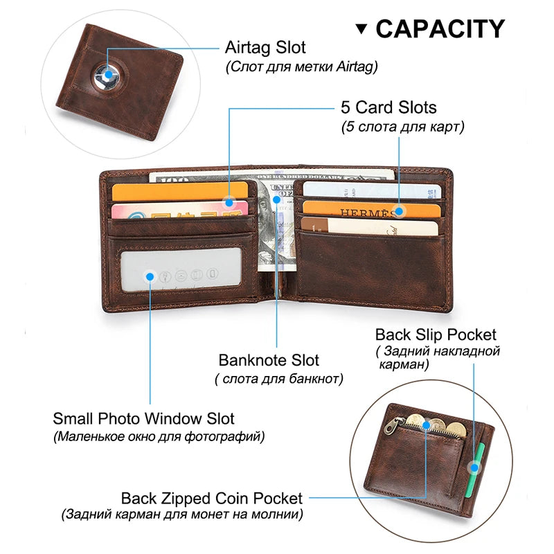 CONTACT'S Genuine Leather Men Slim Wallet RFID Casual Money Clip Male Wallets Airtag Holder Credit Card Small Purse Coin Pocket