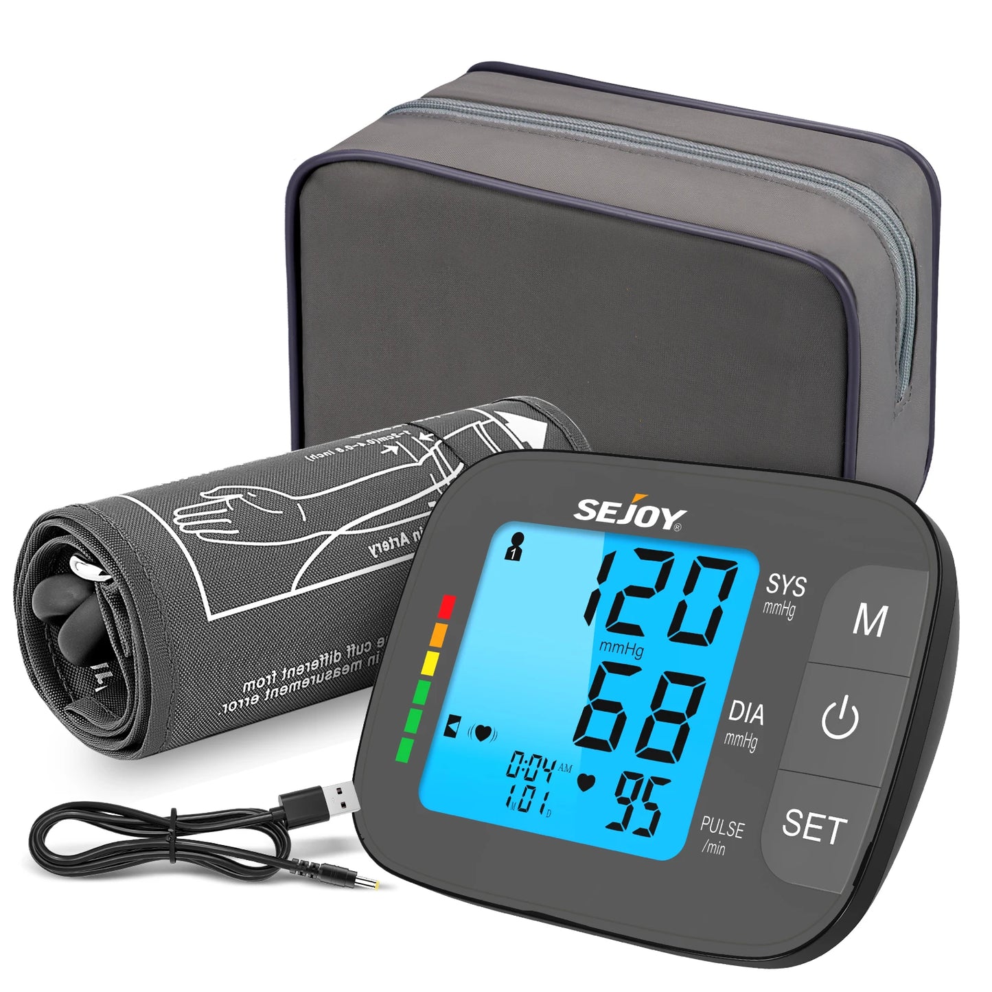 Sejoy Digital Upper Arm Automatic Blood Pressure Monitor Portable BP Sphygmomanometer Medical Tonometer Blue Backlight with AC