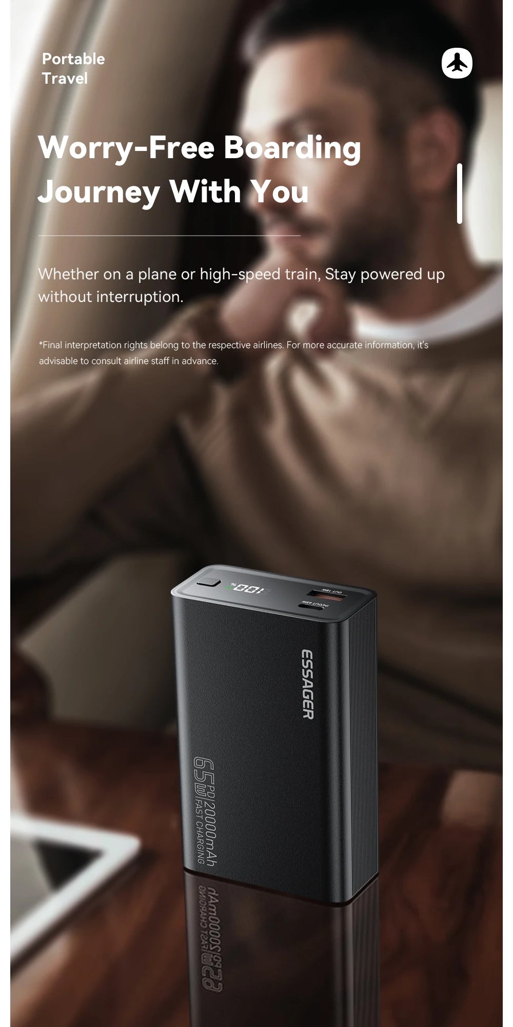 Essager Power Bank 20000mAh Portable PD 65W Fast Charging Mobile Phone External Battery Powerbank For IPhone17 16 15 Laptop Mac