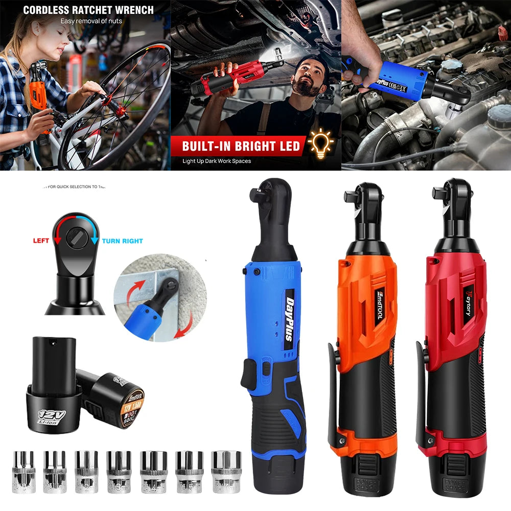 3/8’ 12 V Extended Cordless Ratchet for Car Repair, DIY Work, Automotive, Electric Vehicles, Electric Mode of Operation
