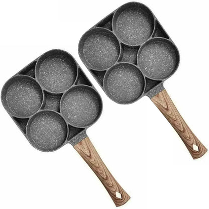 1/2Pcs 4-Hole Omelet Frying Pot Pan with Wooden Handle Frying Grill Non-stick Egg Pancake Steak Pan Cooking Egg Breakfast Maker