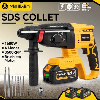 MELLWIN 26MM Brushless Electric Hammer Drill Cordless Household Rotary Impact Hammer Power Tool For Makita 18V Battery Pin