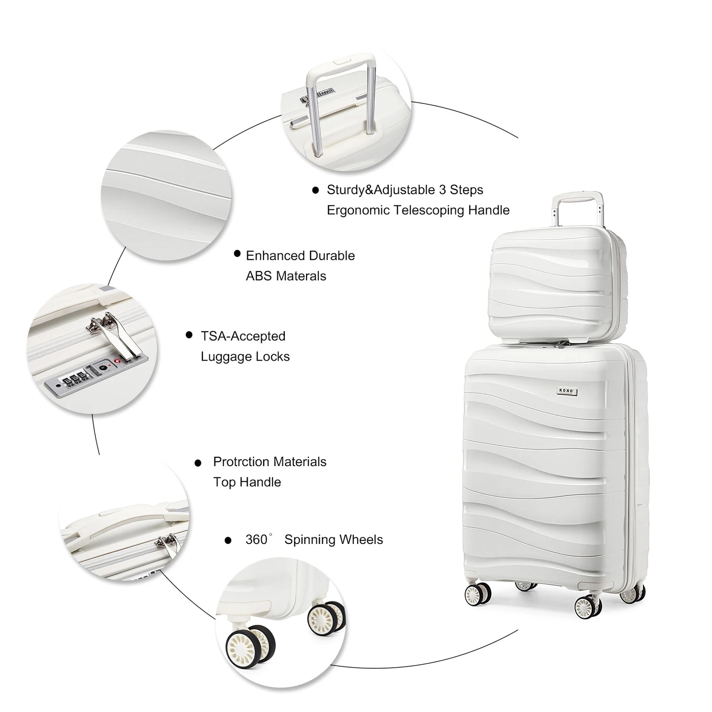 Kono Large Check in Luggage Lightweight Polypropylene Hard Shell Suitcase with TSA Lock Spinner Wheels