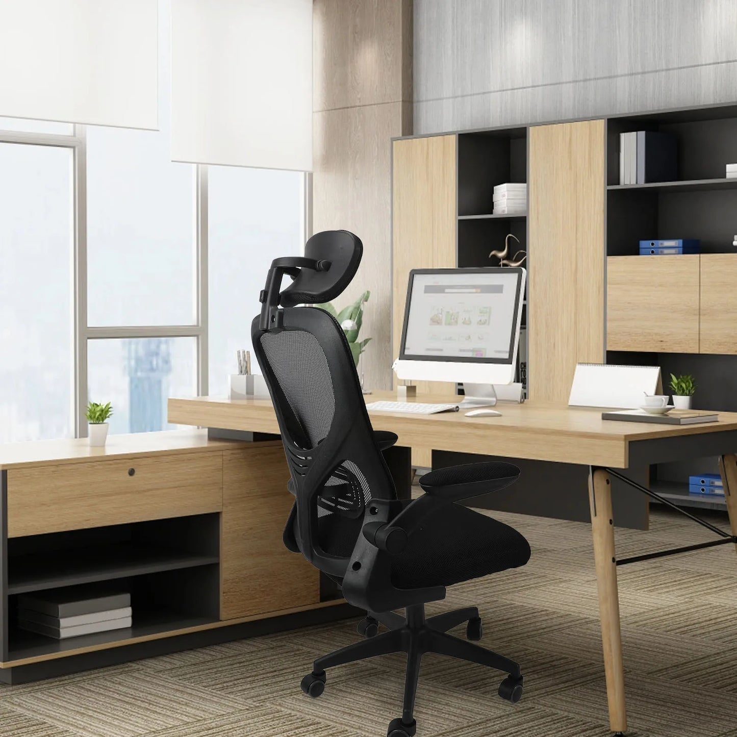 Computer Chair 90 Degree Rotating Armrests Elastic Lumbar Support Comfortable  Chair 3D Headrest with 5 Wheels for Home