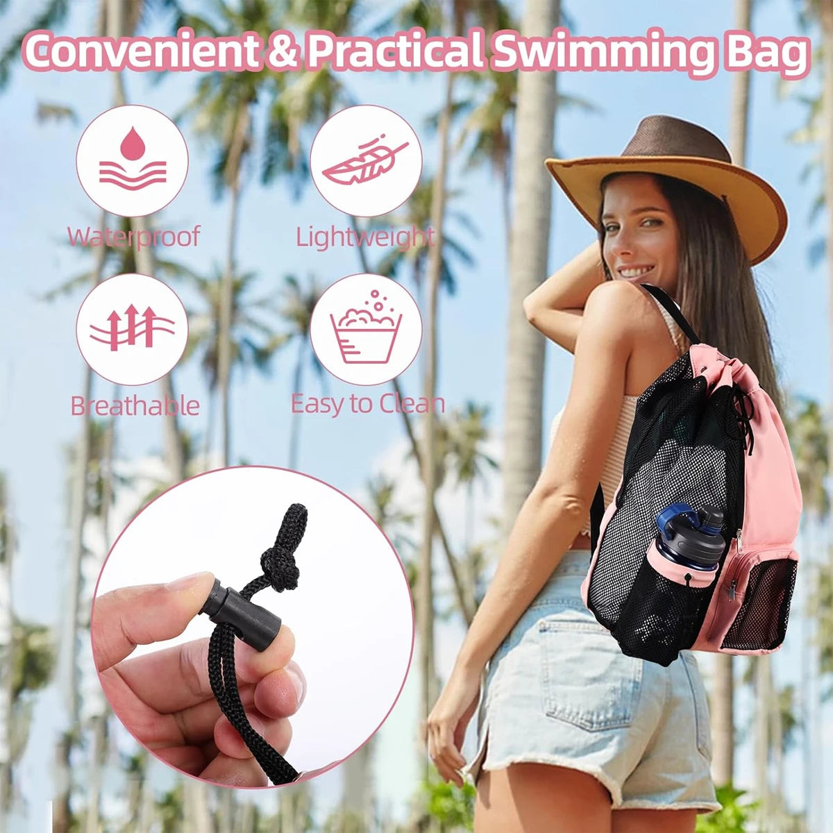 Women Travel Swimming Bag Mesh Drawstring Backpack with Wet Pocket Multipurpose Beach Backpack for Swimming Gym Workout Gear
