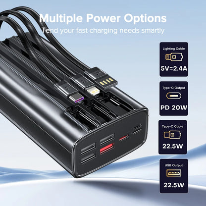 QOOVI 30000mah Power Bank 22.5W Fast Charging Built-in Cable External Large Battery Portable Charger For iPhone Samsung Xiaomi