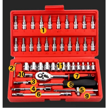 46pcs/Set 1/4 Inch Drive Socket Ratchet Wrench Set Automobile Maintenance Tool Socket Wrench Combination Hardware Tool Car Tools