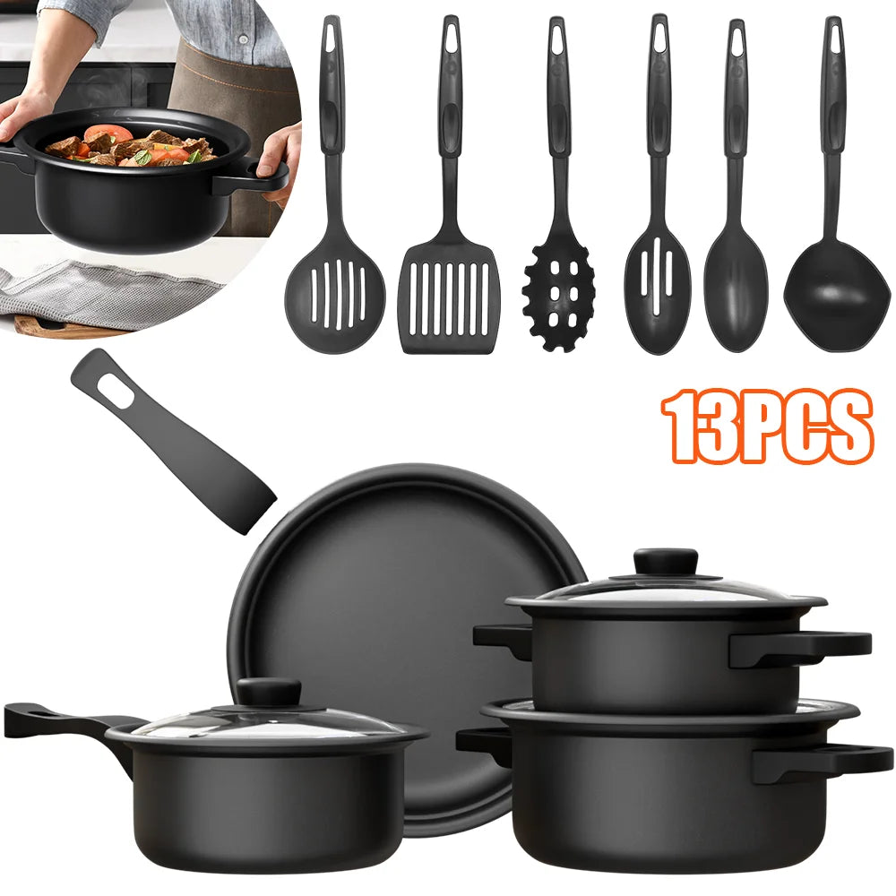 13pc Cookware Set Kitchen Pots and Utensils Set Non-Stick Frying Pan/Soup Pot/Saucepan Suitable for gas induction cooktops