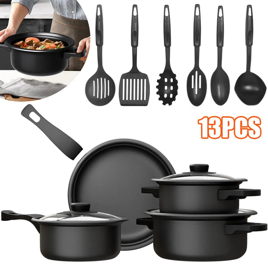 13pc Cookware Set Kitchen Pots and Utensils Set Non-Stick Frying Pan/Soup Pot/Saucepan Suitable for gas induction cooktops