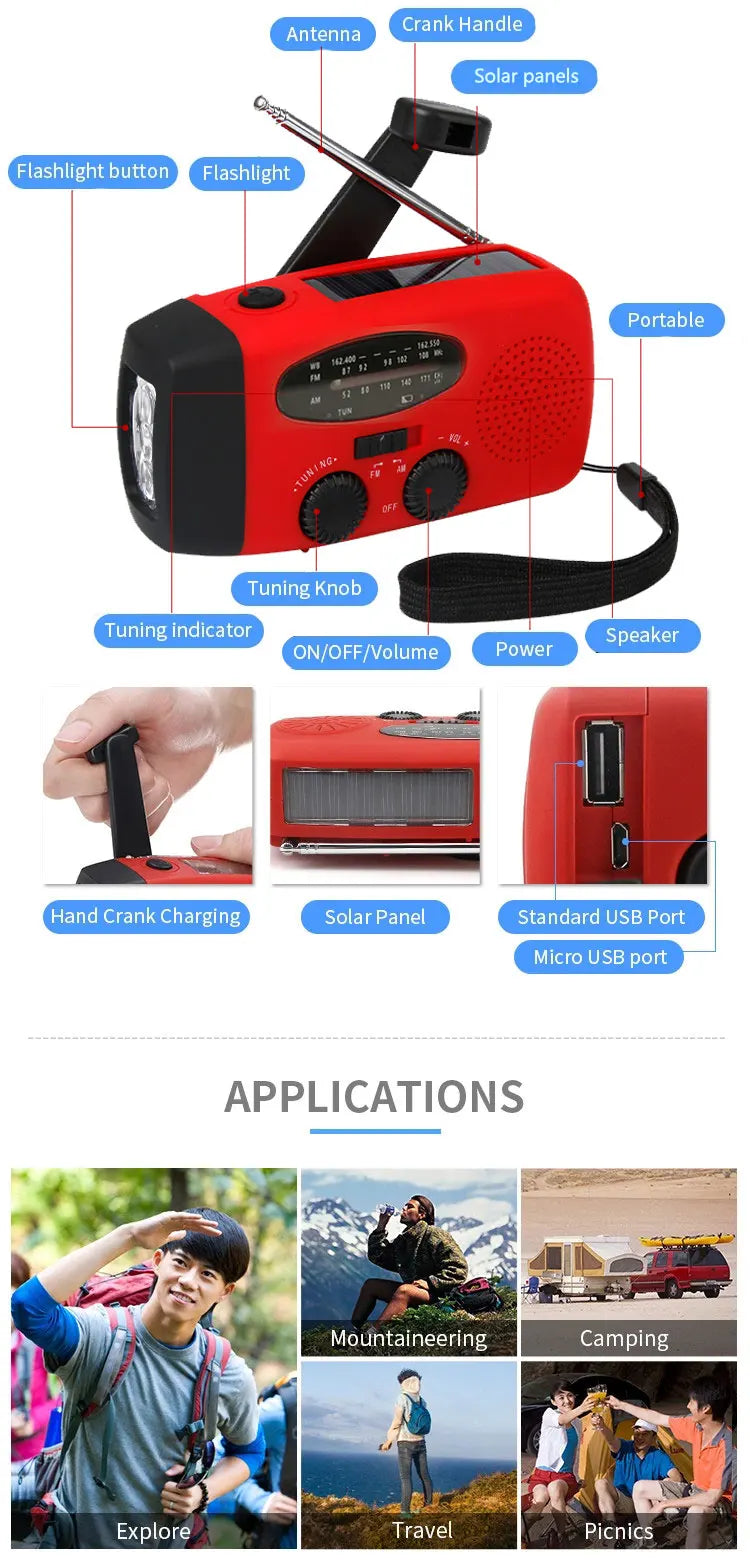 2000mAh Emergency Radio RechargeablePower Bank with  Portable FM Radio USB/Solar/Hand Crank Charging SOS Alarm & Flashlight
