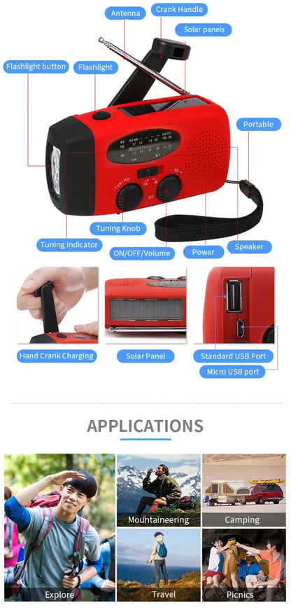 2000mAh Emergency Radio RechargeablePower Bank with  Portable FM Radio USB/Solar/Hand Crank Charging SOS Alarm & Flashlight