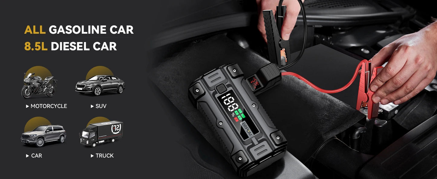 Car Jump Starter 6000A Peak 26800mAh 12V Auto Supercharger Battery Charger Jumper Box with Fast Charger Smart Jumper LED Screen