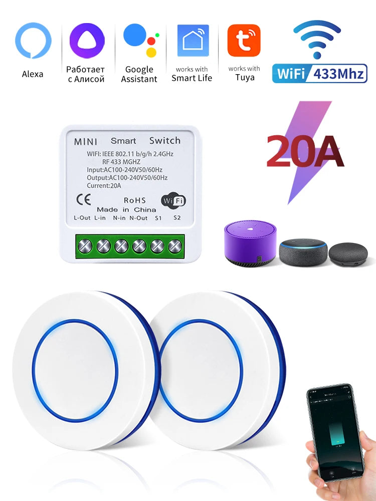 Tuya WiFi Smart Switch 16A 20A 100-240V Relay Controller RF433Mhz Wireless Remote Control Mini Round Panel Switch For Led Light