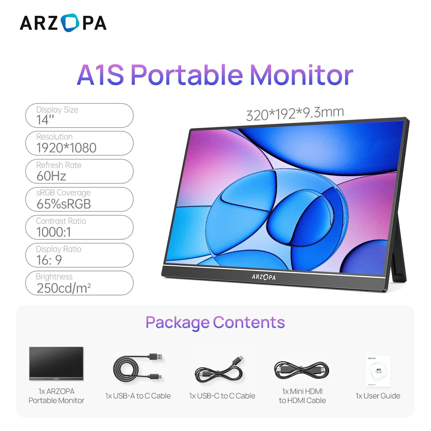 ARZOPA 14.0 inch 1080P FHD Portable Monitor IPS Screen with USB C HDMI External Second Display for Mac,Laptop,PC,Switch,PS,Xbox
