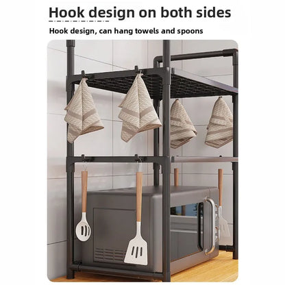 Multi-Purpose Kitchen Storage Rack - Thickened Adjustable Shelf for Microwave, Oven, Countertop Organizer with Tool Hooks