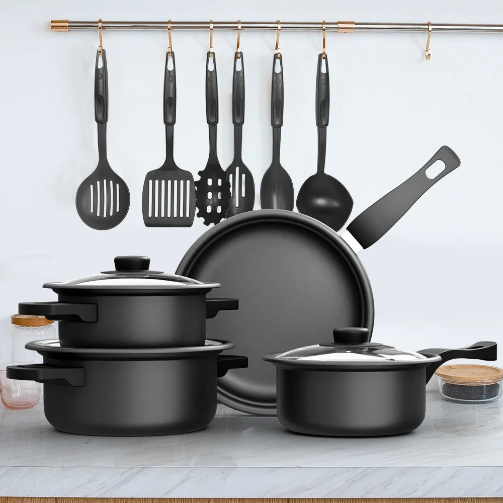 13pc Cookware Set Kitchen Pots and Utensils Set Non-Stick Frying Pan/Soup Pot/Saucepan Suitable for gas induction cooktops